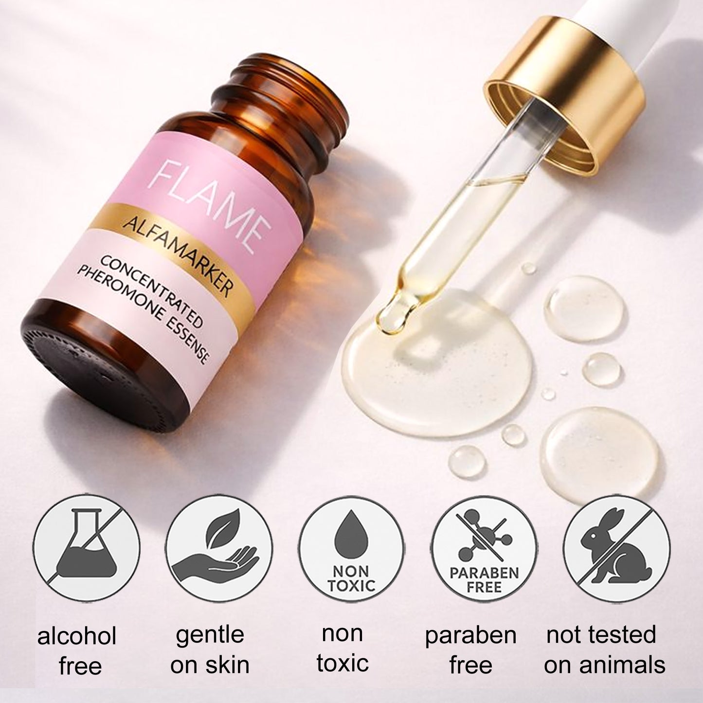 Bottle of FLAME ALFAMARKER concentrated pheromone essence with dropper and product features listed.