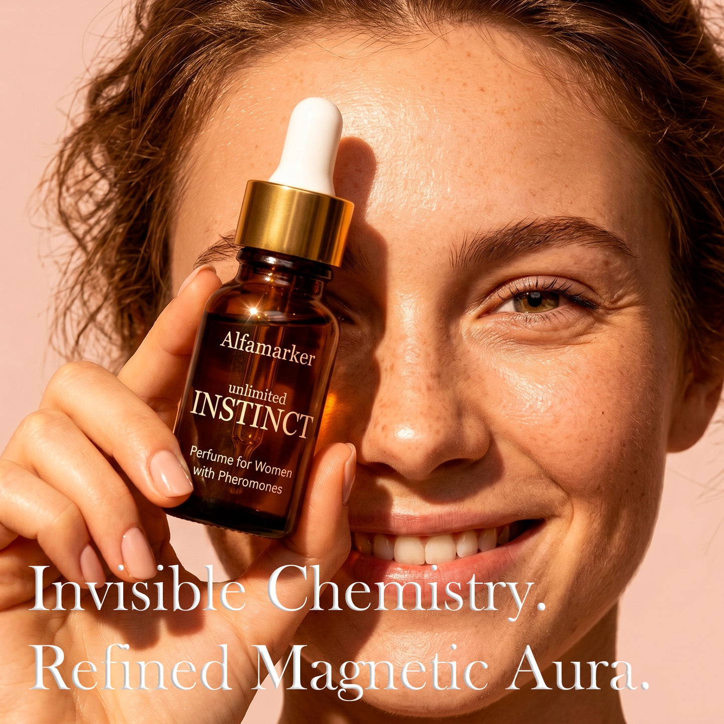 Woman holding a bottle of Alfamarker perfume 