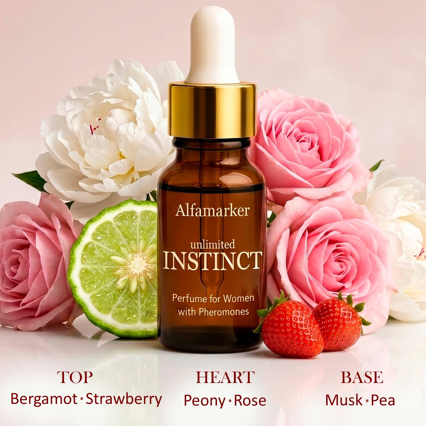 Alfamarker perfume bottle with flowers and fruits on a light pink background