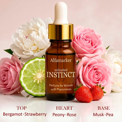 Alfamarker perfume bottle with flowers and fruits on a light pink background