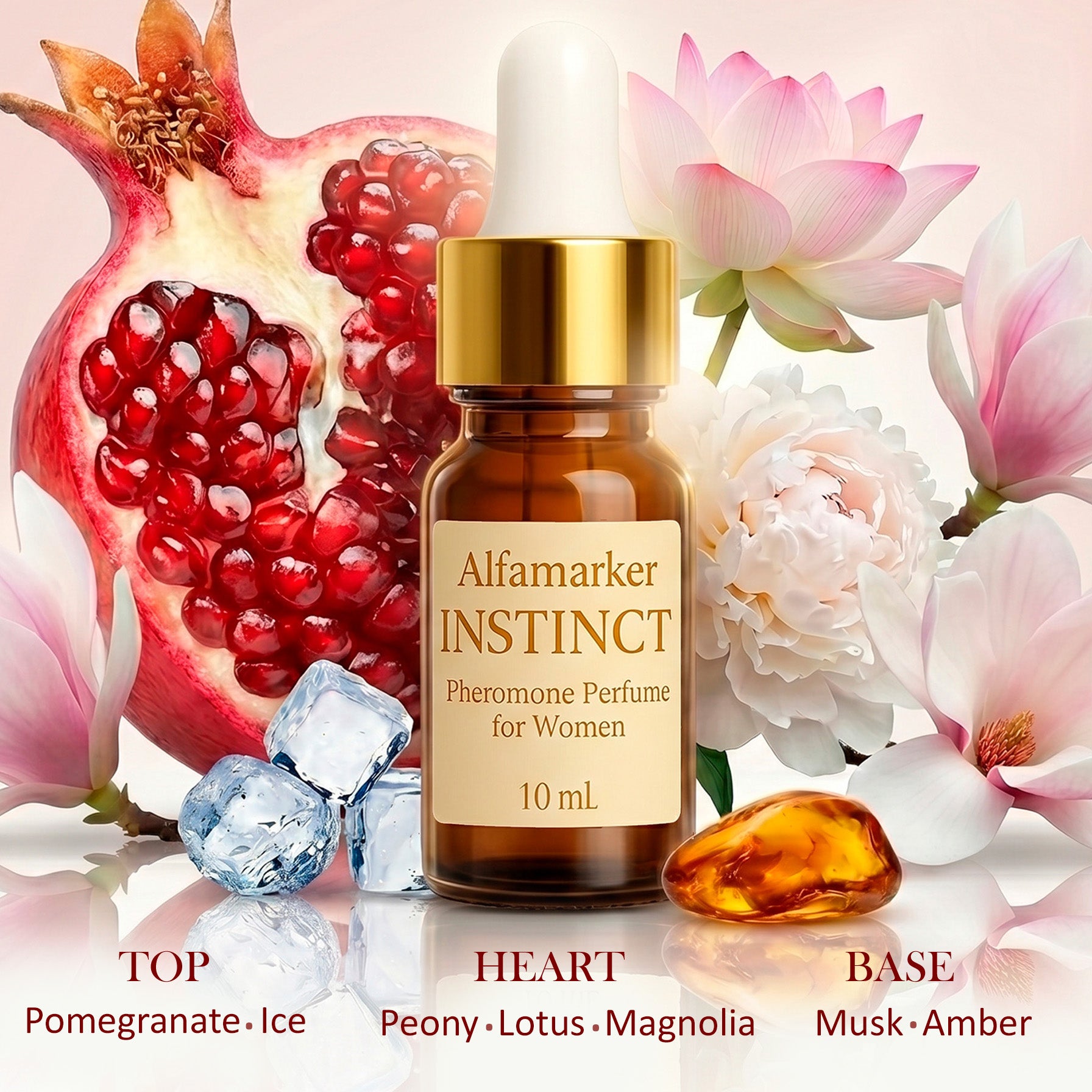 Alfamarker Instinct perfume bottle with pomegranate, ice, and flowers notes