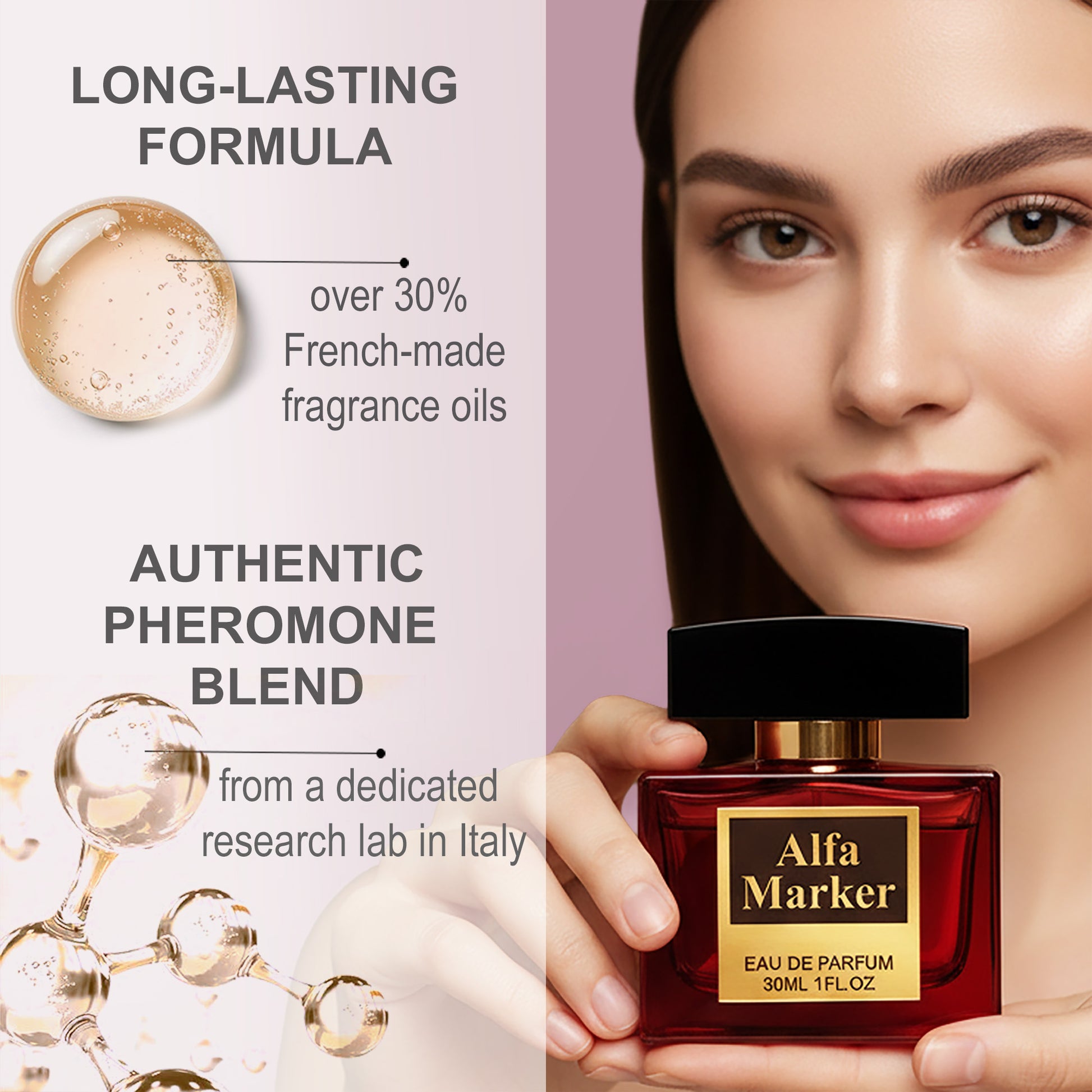 Alfa Marker perfume bottle held by a person with product features highlighted.