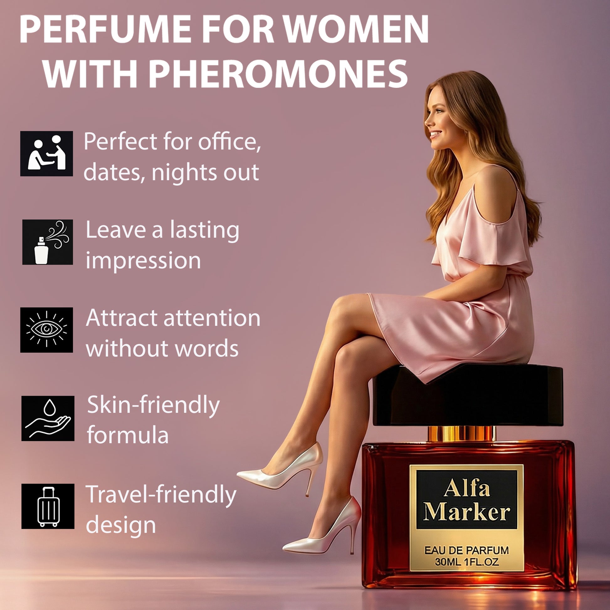 Alfa Marker perfume bottle with a woman sitting on it against a pink background