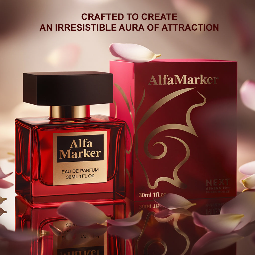 Red Alfa Marker perfume bottle and box with floral background