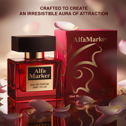 Red Alfa Marker perfume bottle and box with floral background