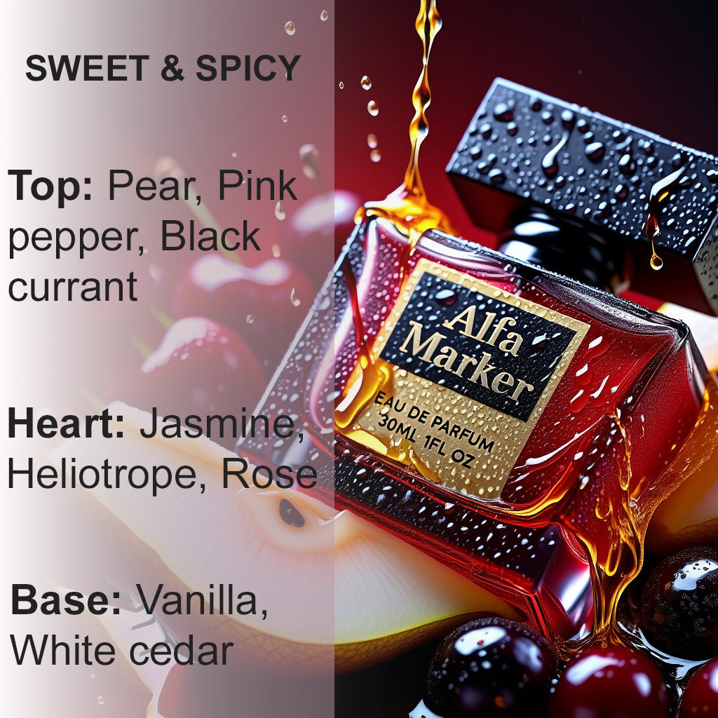 Alfa Marker perfume bottle with flavor description text