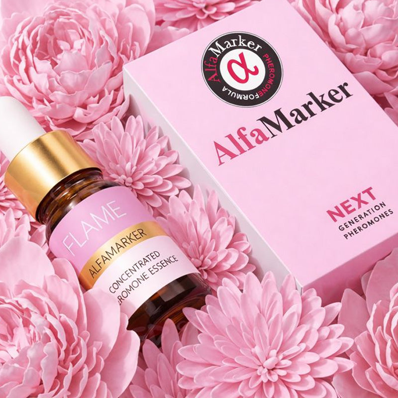 AlfaMarker perfume bottle and box on pink flowers