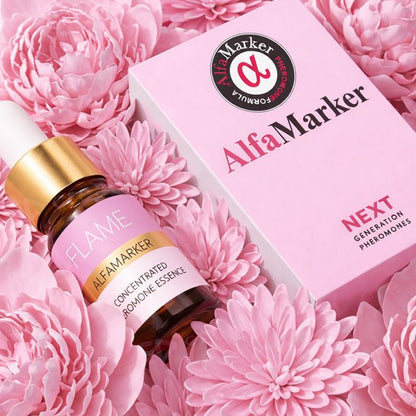 AlfaMarker perfume bottle and box on pink flowers