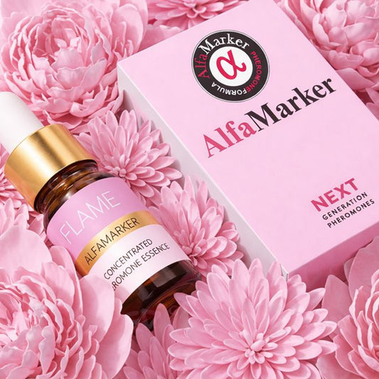 AlfaMarker perfume bottle and box on pink flowers