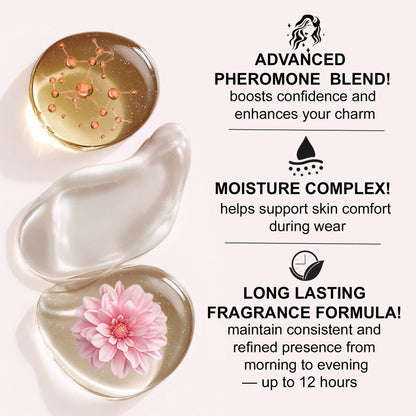 Product packaging with a flower and text about advanced pheromone blend, moisture complex, and long-lasting fragrance formula.