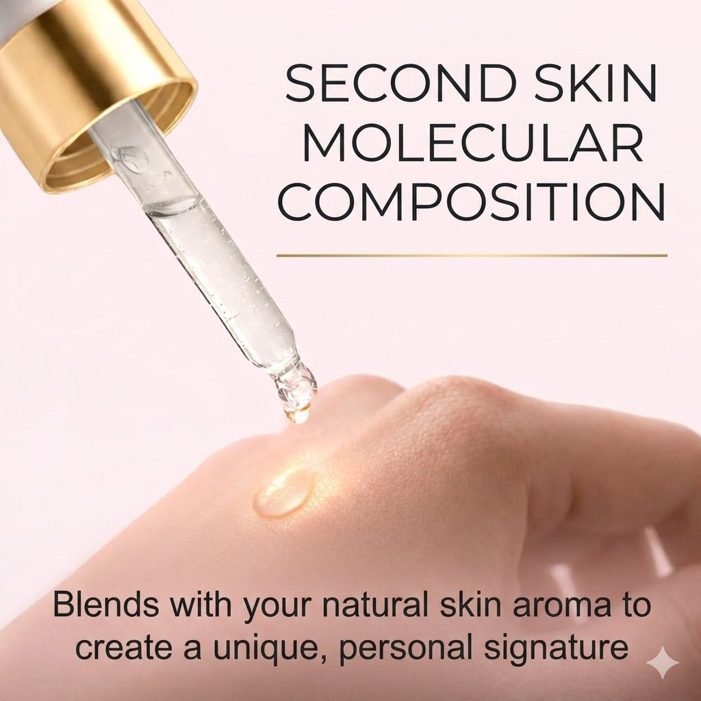 Gold dropper with clear liquid approaching skin, text about second skin perfume with molecule composition.