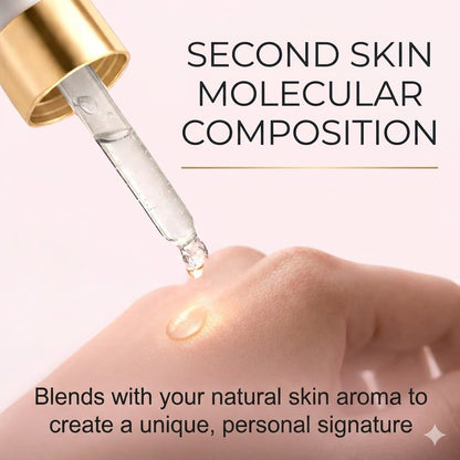 Gold dropper with clear liquid approaching skin, text about second skin perfume with molecule composition.