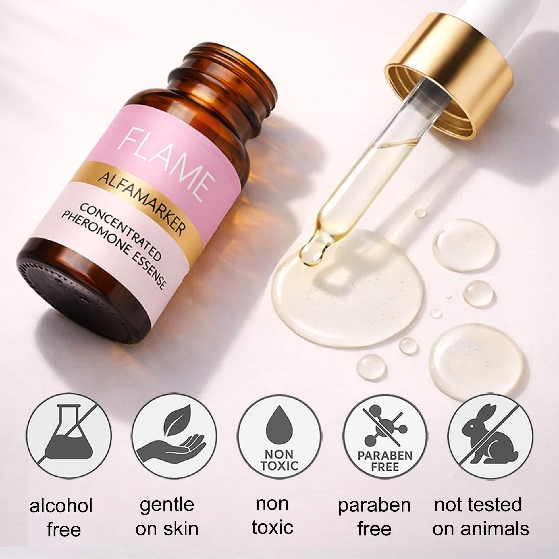 Bottle of FLAME ALFAMARKER concentrated pheromone essence with dropper and product features listed.