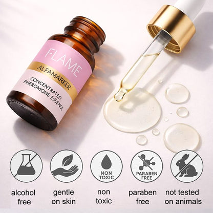 Bottle of FLAME ALFAMARKER concentrated pheromone essence with dropper and product features listed.
