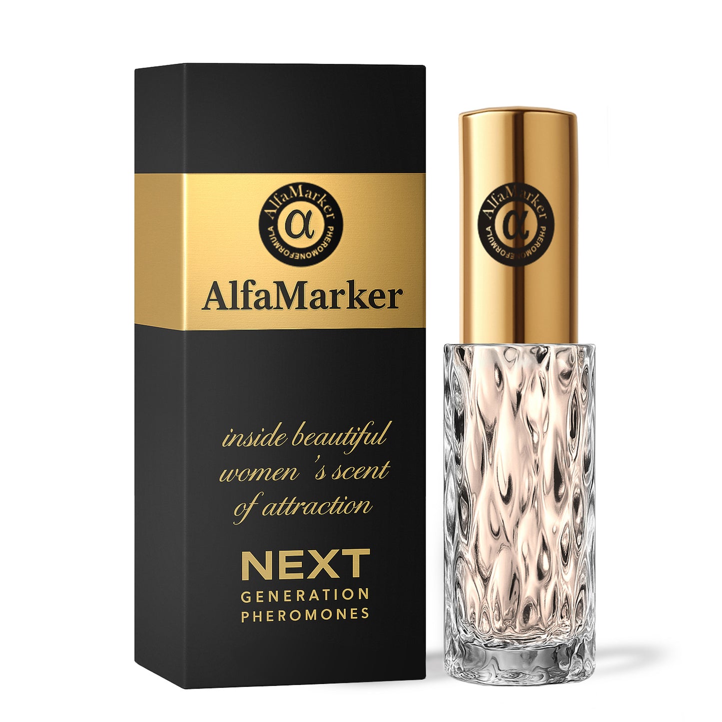 The image shows a product packaging and a glass bottle with a gold spray nozzle for a Spray Pheromone Perfume for Women. The bottle is designed with a clear texture and contains the perfume liquid.