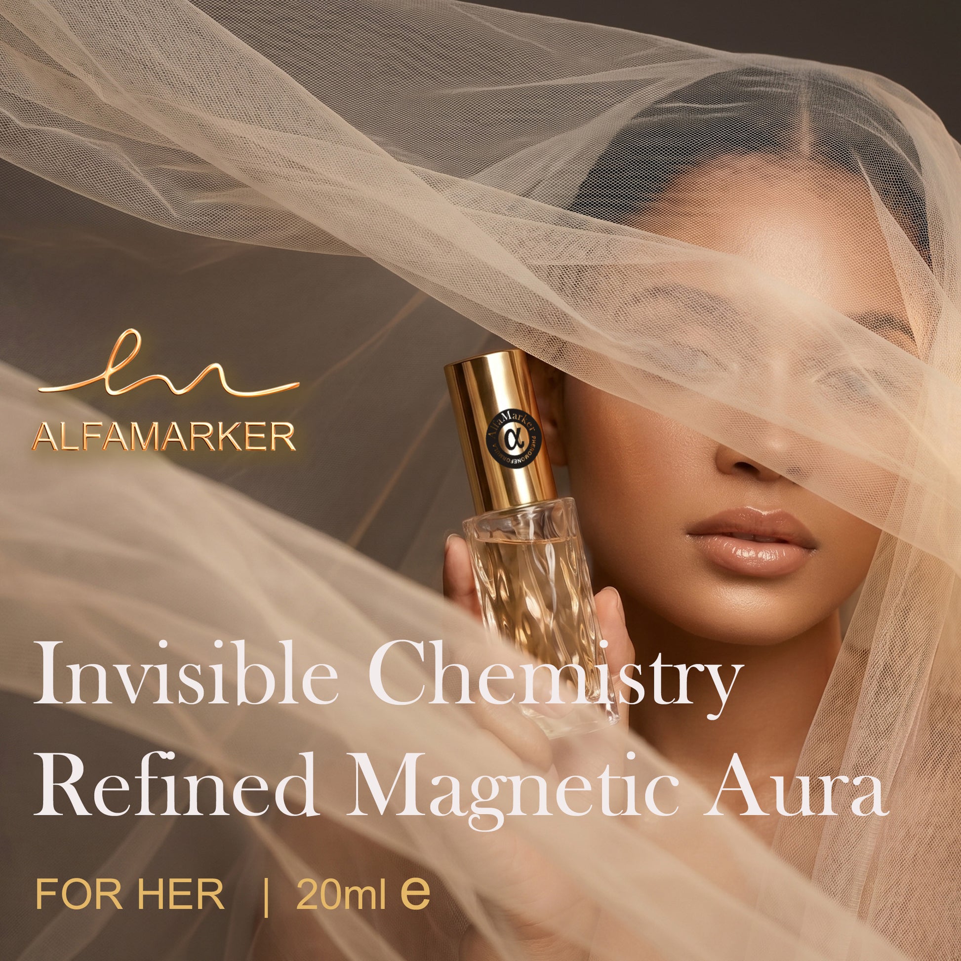 Woman holding a perfume bottle with 'Alfamarker' branding and product description text.
