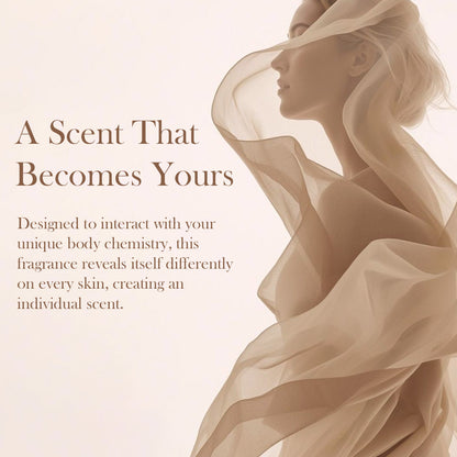 Woman with flowing fabric and text about a personalized fragrance