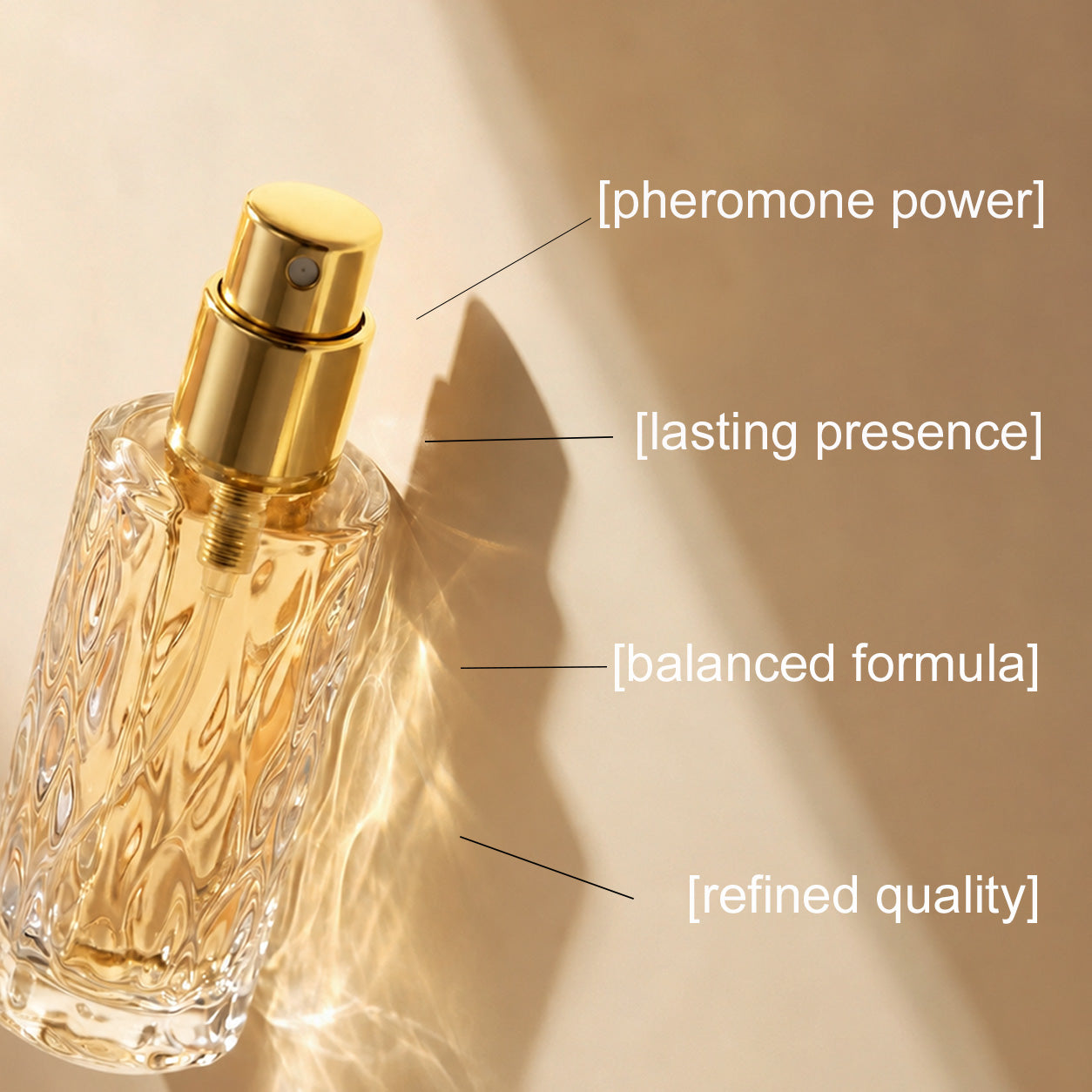 Perfume bottle with gold cap on a beige background, labeled with qualities like 'pheromone power', 'lasting presence', 'balanced formula', and 'refined quality'.