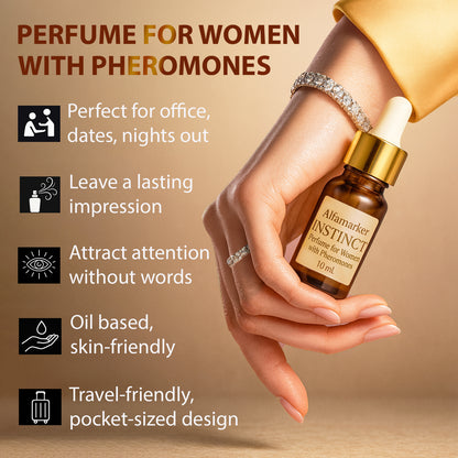 Hand holding a bottle of perfume for women with pheromones on a beige background