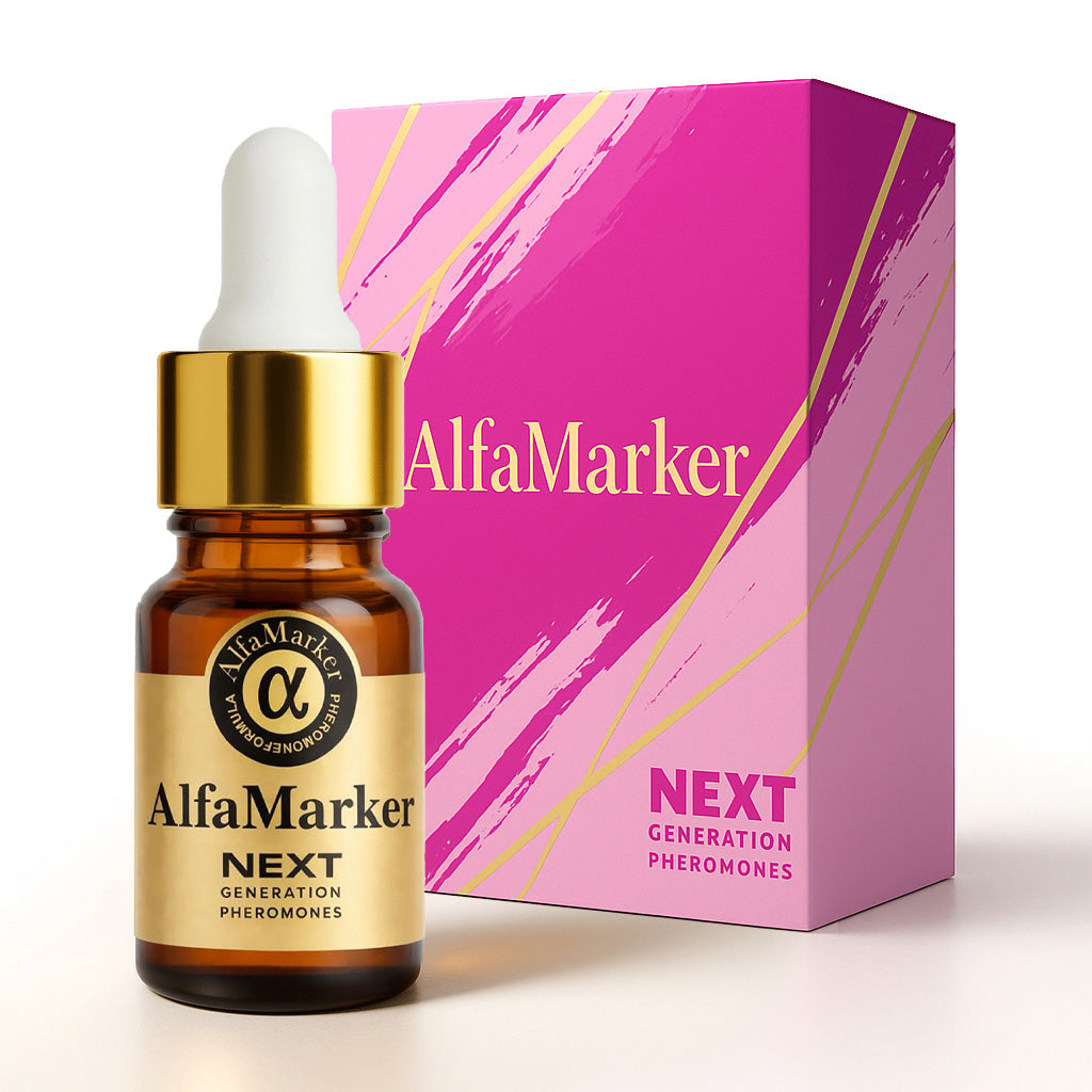 AlfaMarkerNext generation pheromones bottle and packaging on a white background