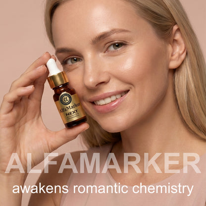 Woman holding a bottle of Alfamarker skincare product against a beige background
