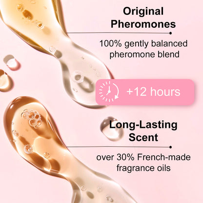 Oils with text about original pheromones and long-lasting scent on a pink background