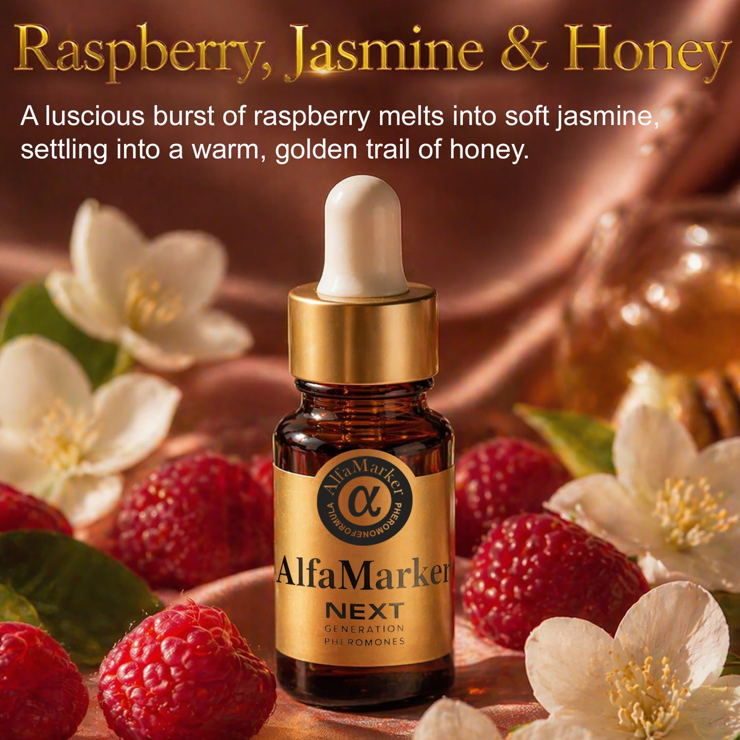 AlfaMarker raspberry, jasmine & honey product with flowers and berries in the background