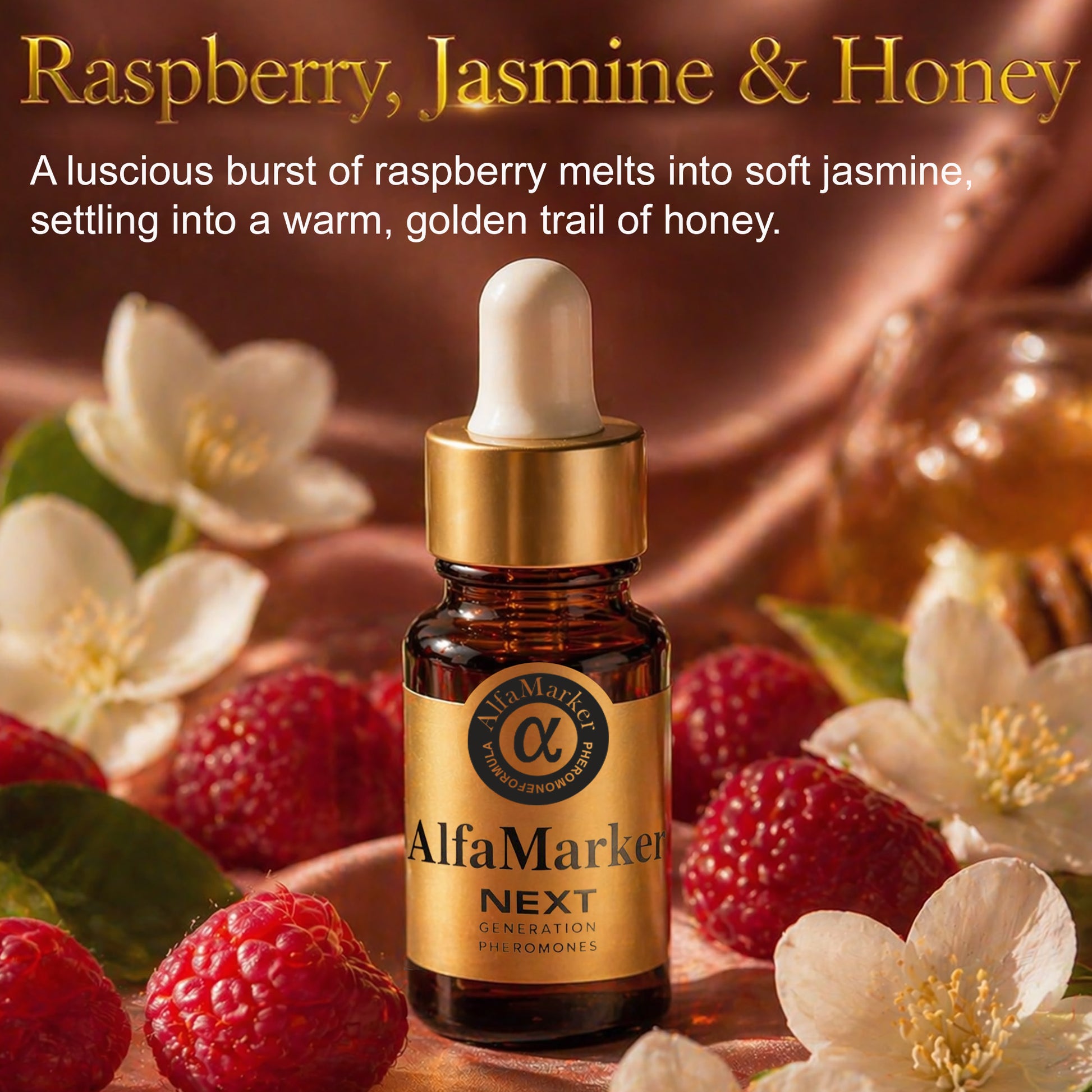 AlfaMarker raspberry, jasmine & honey product with flowers and berries in the background