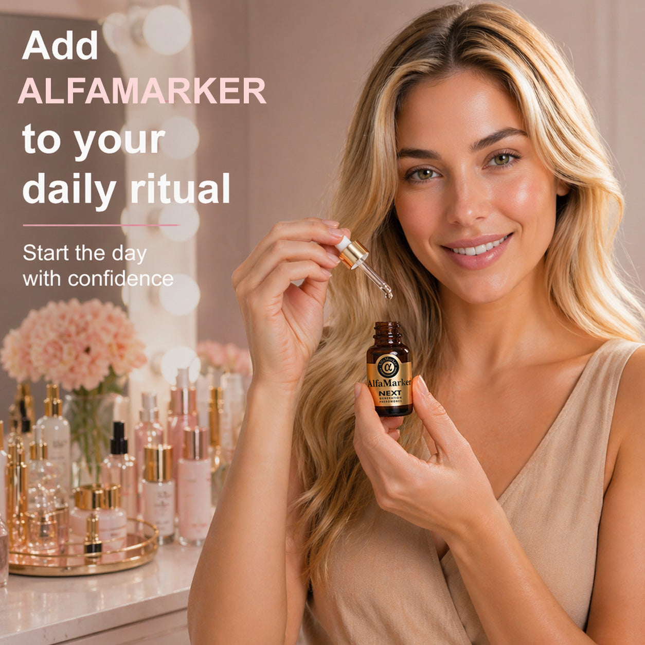 Woman holding a bottle of Alfamarker with dropper, surrounded by skincare products to daily ritual