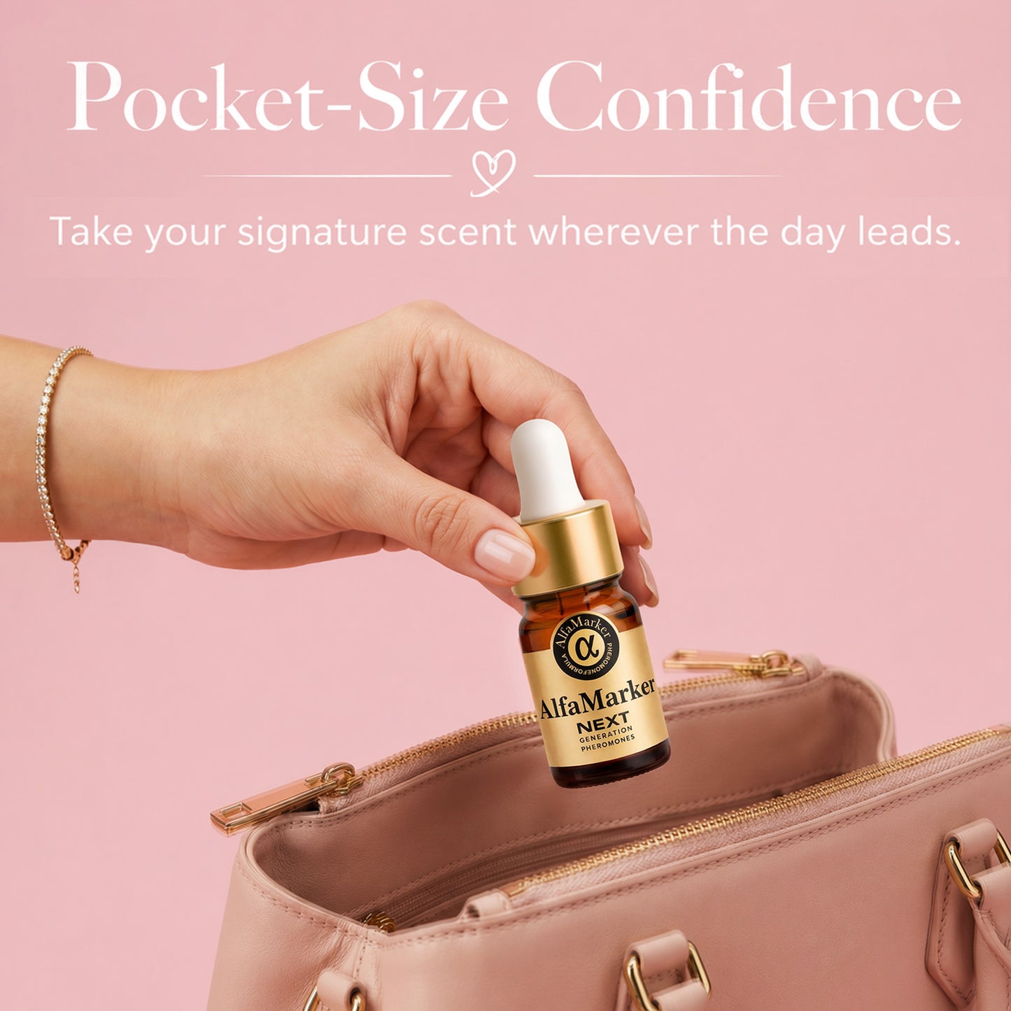Hand holding a small bottle labeled 'AlfaMarker' above a pink handbag with text 'Pocket-Size Confidence'.