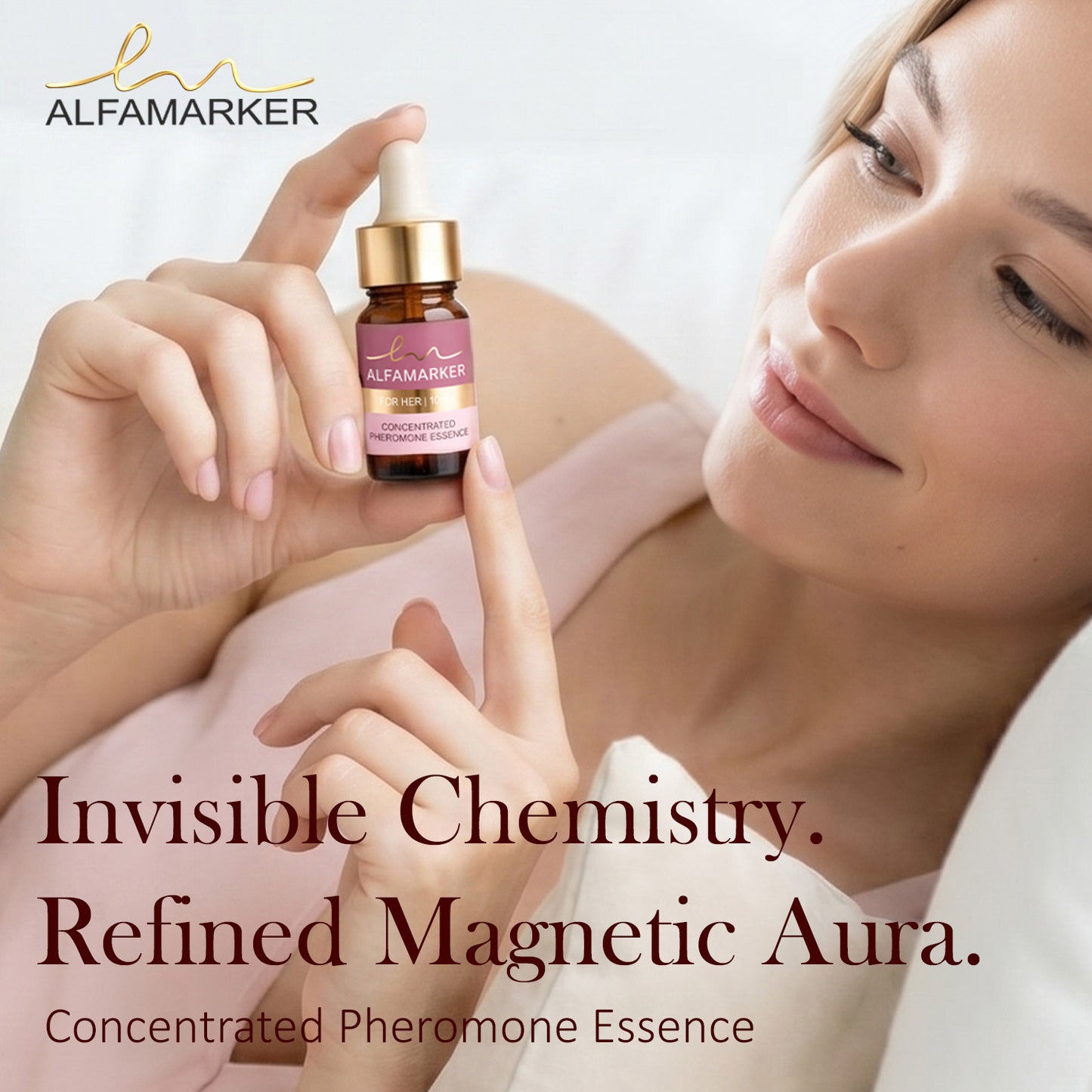 Woman holding a bottle of Alfamarker concentratedpheromone essence with text about invisible chemistry and refined magnetic aura.