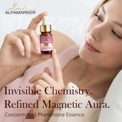 Woman holding a bottle of Alfamarker concentratedpheromone essence with text about invisible chemistry and refined magnetic aura.