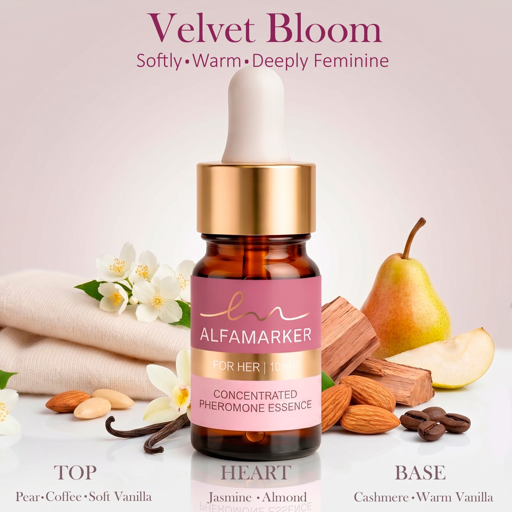 Alfamarker Velvet Bloom concentrated pheromone essence bottle with ingredients on a light background