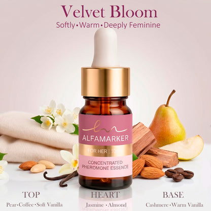 Alfamarker Velvet Bloom concentrated pheromone essence bottle with ingredients on a light background